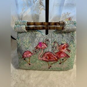 Made in India beaded flamingos clutch bag with wooden handle